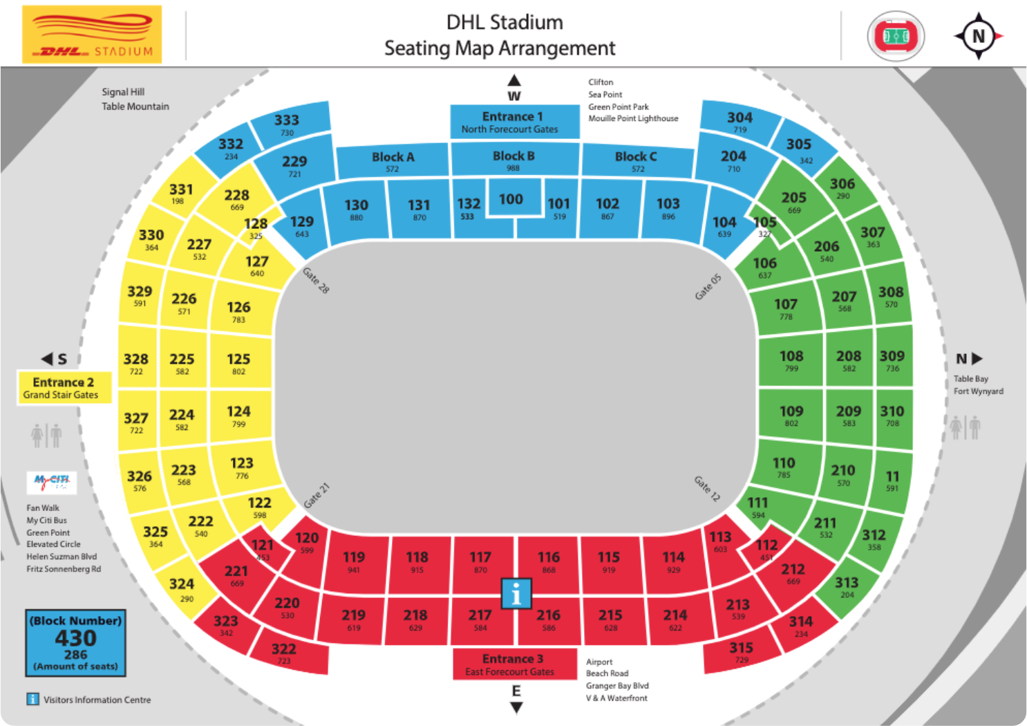 The DHL Cape Town Stadium seating plan for a Stormers rugby match.